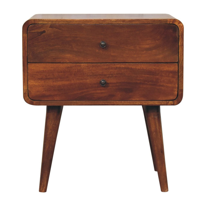 Curved Chestnut Nightstand - Solid Mango Wood Bedside Table for Bedroom - product view 2 showing handcrafted solid mango...