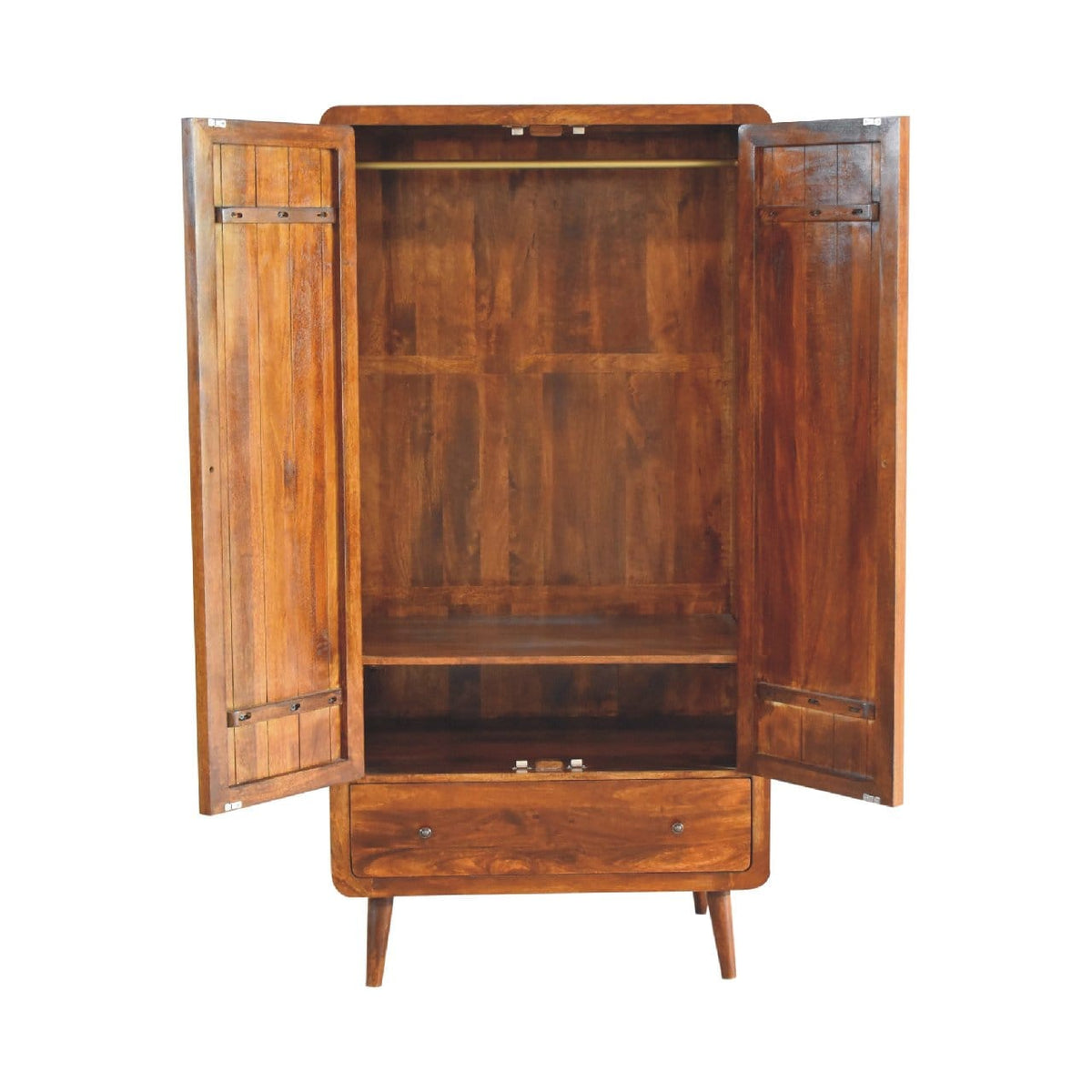 Curved Chestnut Wardrobe for Bedroom in Solid Mango Wood - product view 6 showing handcrafted solid mango wood dresser