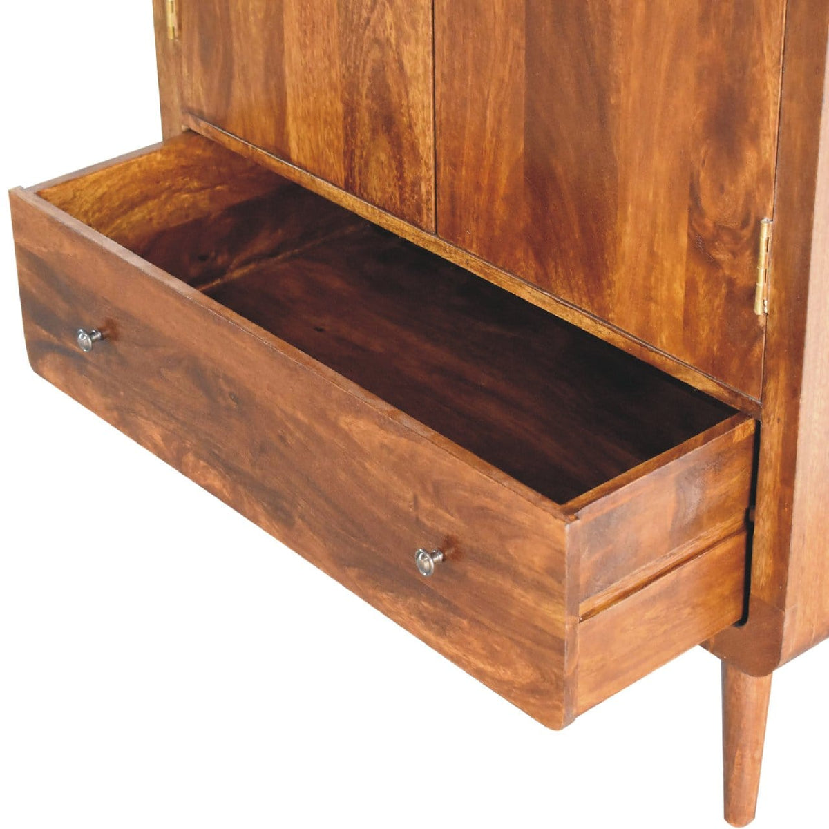 Curved Chestnut Wardrobe for Bedroom in Solid Mango Wood - product view 5 showing handcrafted solid mango wood dresser