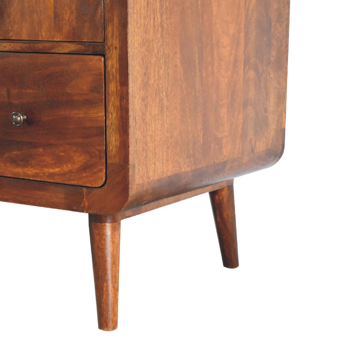 Curved Chestnut Wardrobe for Bedroom in Solid Mango Wood - product view 4 showing handcrafted solid mango wood dresser
