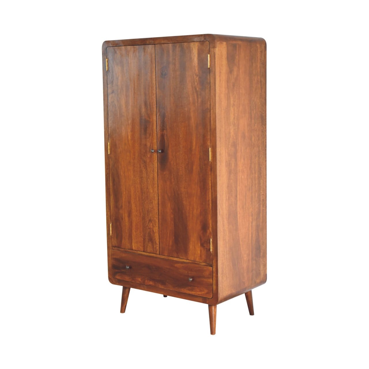 Curved Chestnut Wardrobe for Bedroom in Solid Mango Wood - product view 2 showing handcrafted solid mango wood dresser