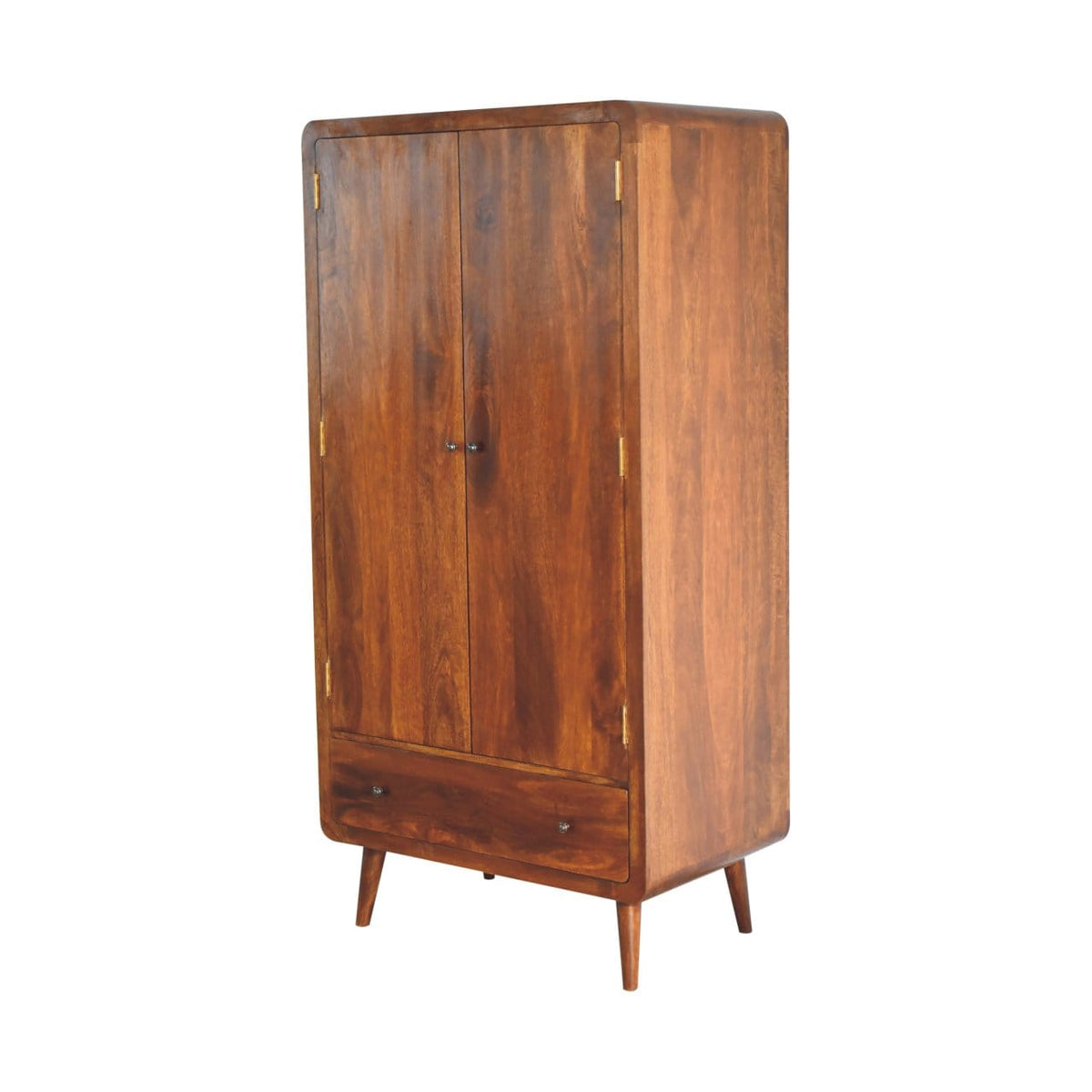 Curved Chestnut Wardrobe for Bedroom in Solid Mango Wood - product view 2 showing handcrafted solid mango wood dresser