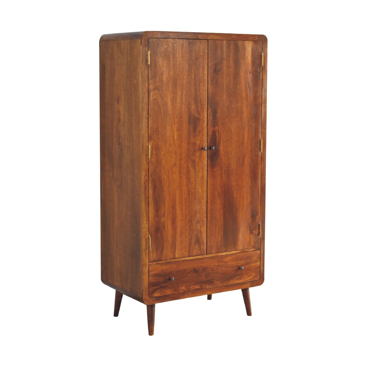 Curved Chestnut Wardrobe for Bedroom in Solid Mango Wood - main view showing handcrafted solid mango wood dresser