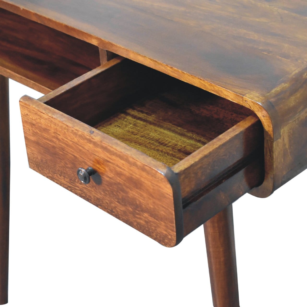 Curved Chestnut Writing Desk - Solid Mango Wood Writing Table for Home Office - product view 7 showing handcrafted solid...