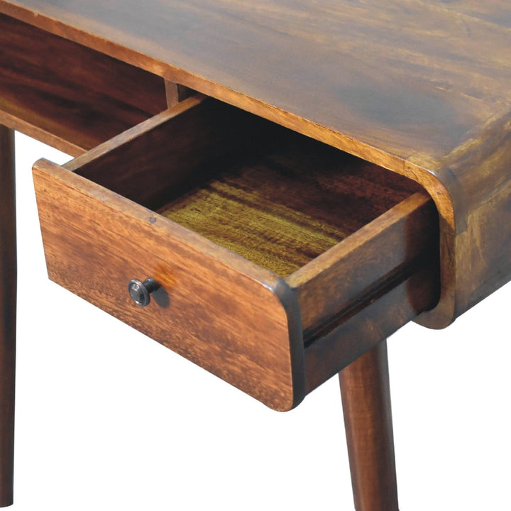 Curved Chestnut Writing Desk - Solid Mango Wood Writing Table for Home Office - product view 7 showing handcrafted solid...