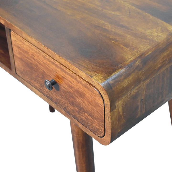 Curved Chestnut Writing Desk - Solid Mango Wood Writing Table for Home Office - product view 6 showing handcrafted solid...