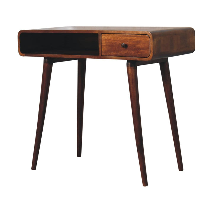 Curved Chestnut Writing Desk - Solid Mango Wood Writing Table for Home Office - product view 4 showing handcrafted solid...