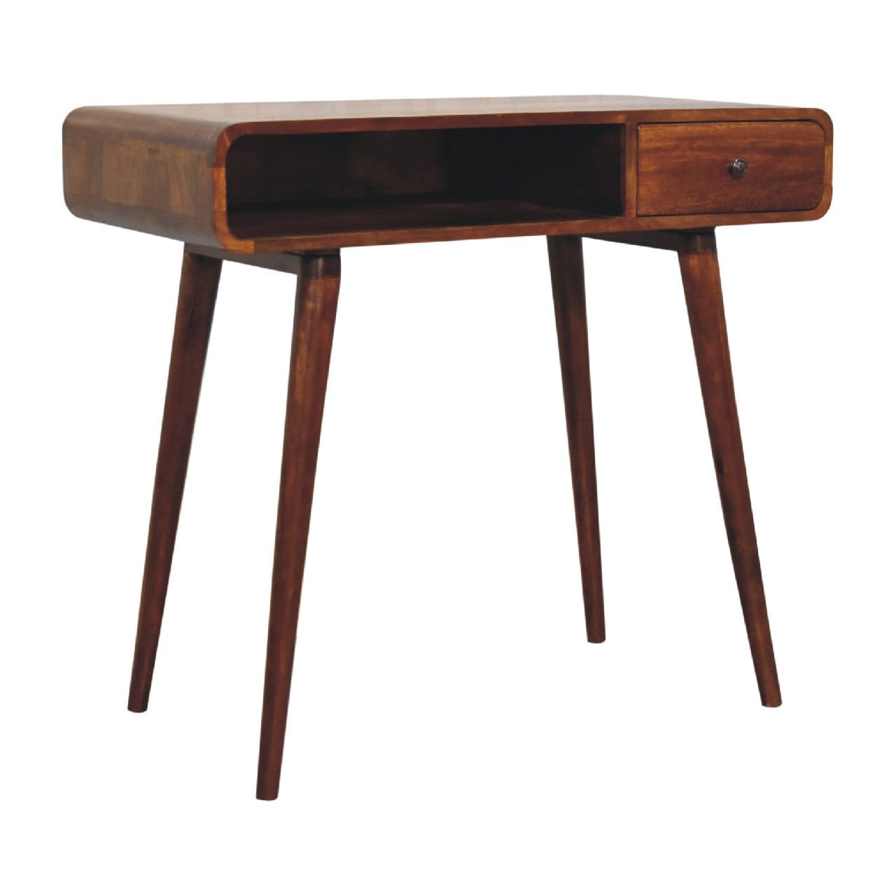 Curved Chestnut Writing Desk - Solid Mango Wood Writing Table for Home Office - product view 3 showing handcrafted solid...