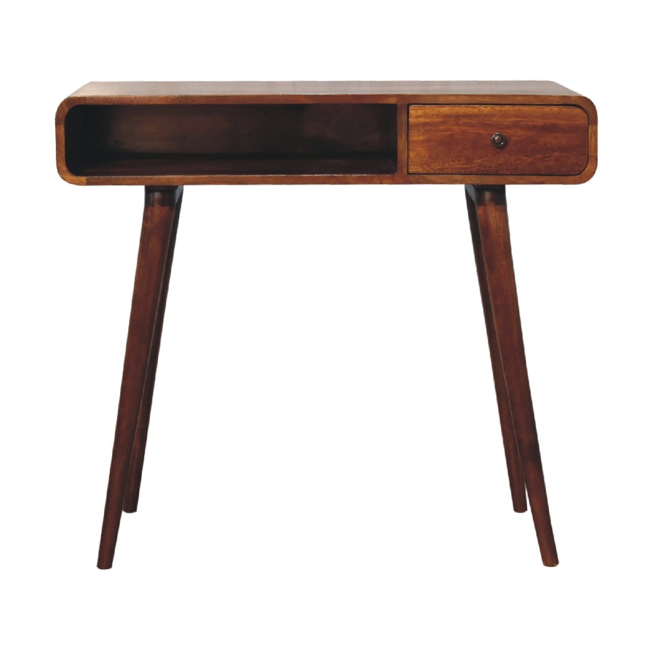 Curved Chestnut Writing Desk - Solid Mango Wood Writing Table for Home Office - product view 2 showing handcrafted solid...