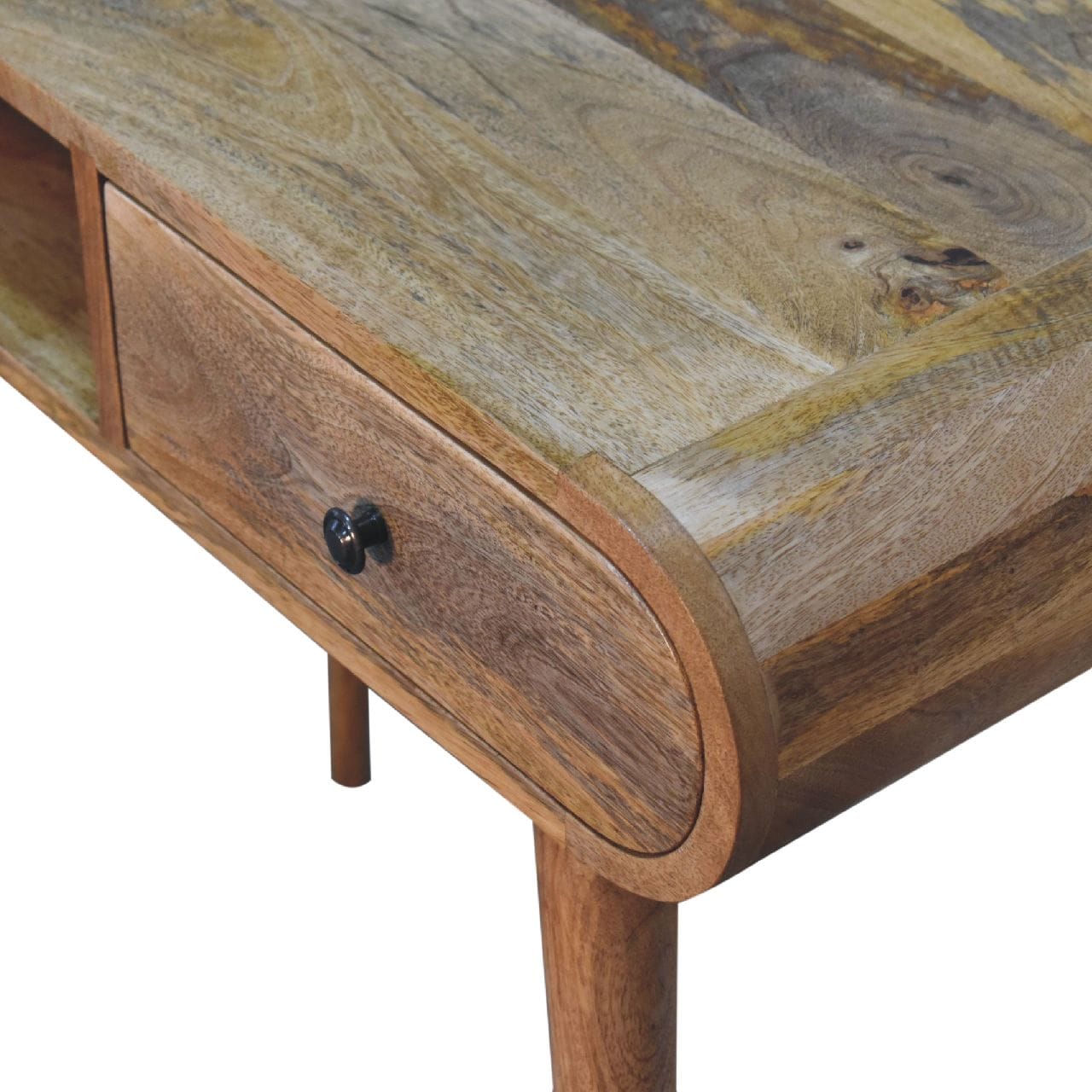 Curved Writing Desk - Solid Mango Wood Writing Table for Home Office - product view 4 showing handcrafted solid mango...