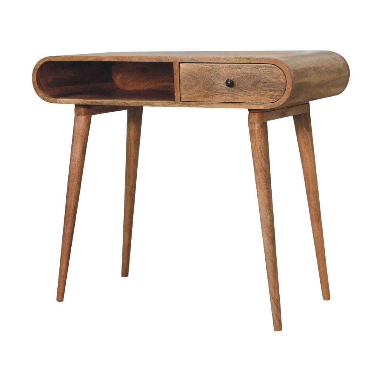 Curved Writing Desk - Solid Mango Wood Writing Table for Home Office - product view 2 showing handcrafted solid mango...