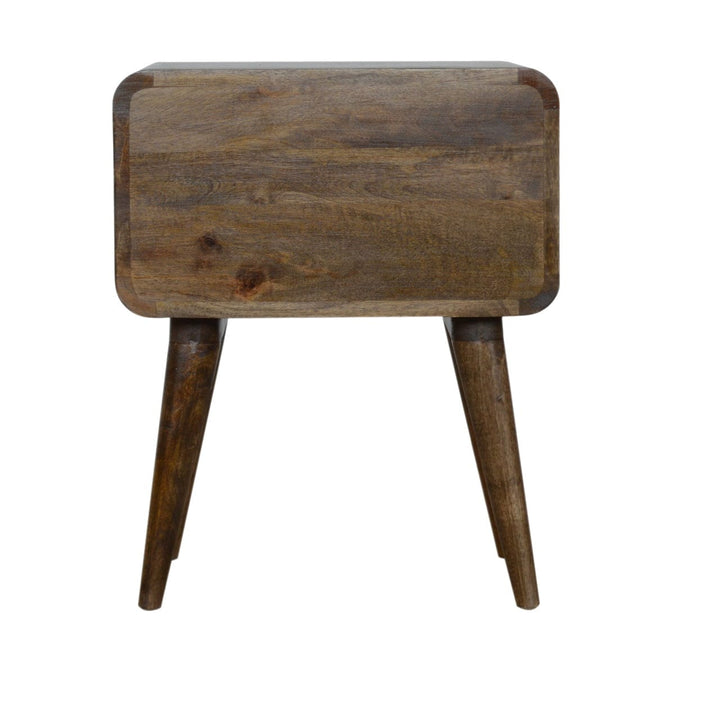 Curved Classic Grey Washed Nightstand - Solid Mango Wood Bedside Table for Bedroom - product view 9 showing handcrafted...