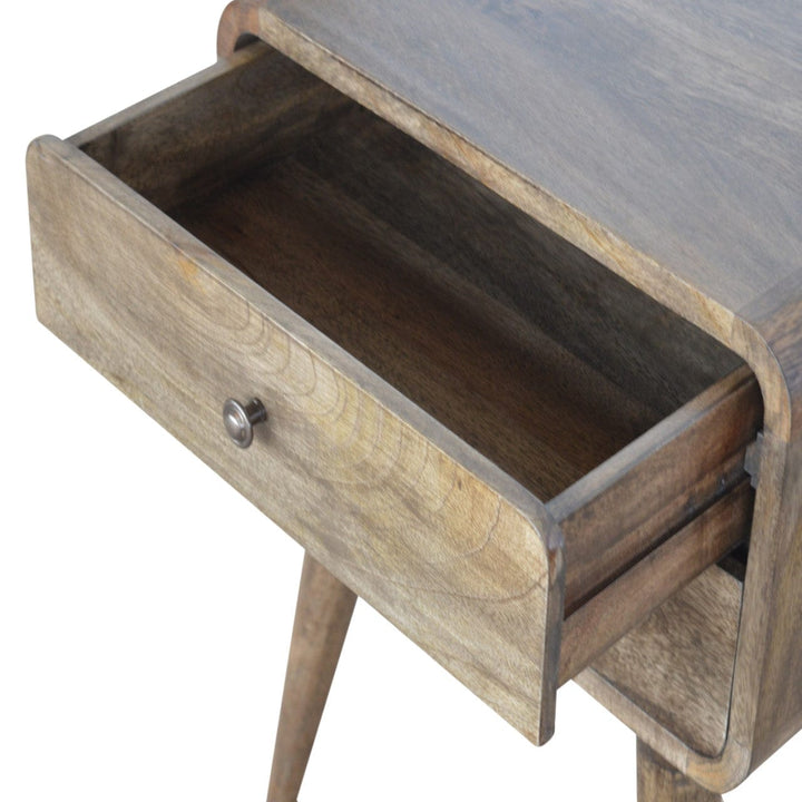 Curved Classic Grey Washed Nightstand - Solid Mango Wood Bedside Table for Bedroom - product view 7 showing handcrafted...