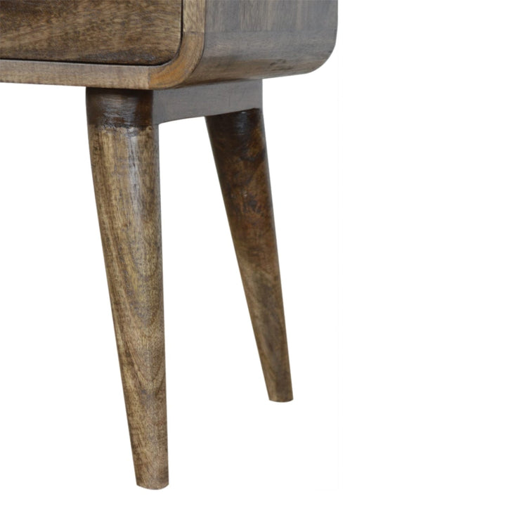 Curved Classic Grey Washed Nightstand - Solid Mango Wood Bedside Table for Bedroom - product view 6 showing handcrafted...