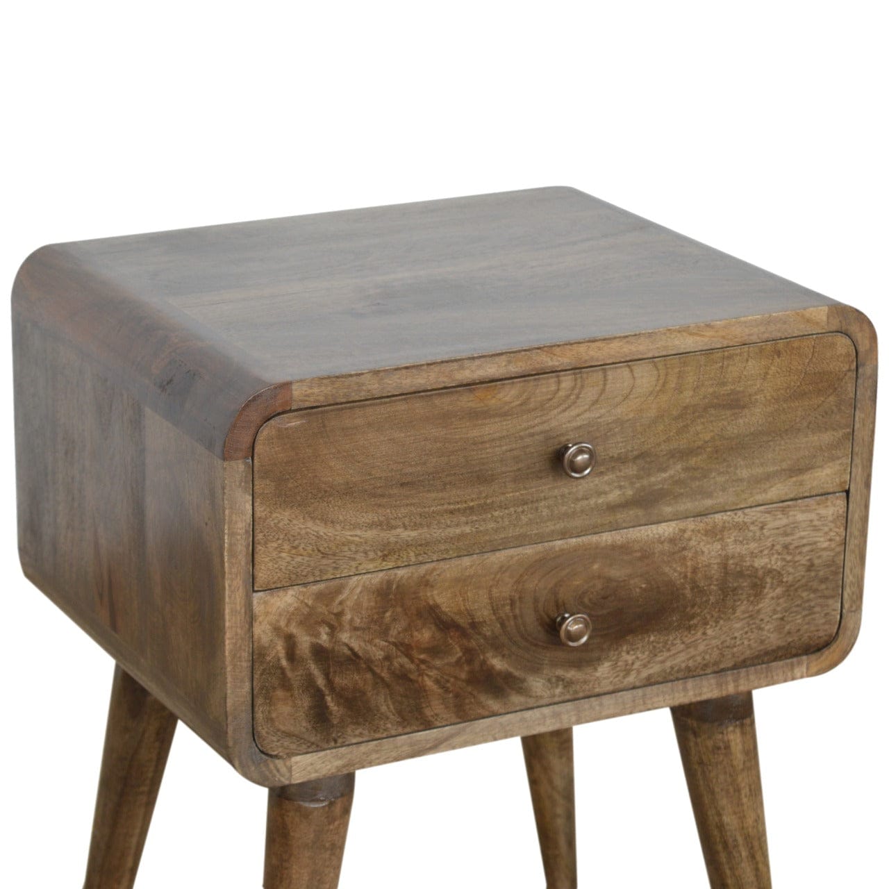 Curved Classic Grey Washed Nightstand - Solid Mango Wood Bedside Table for Bedroom - product view 5 showing handcrafted...