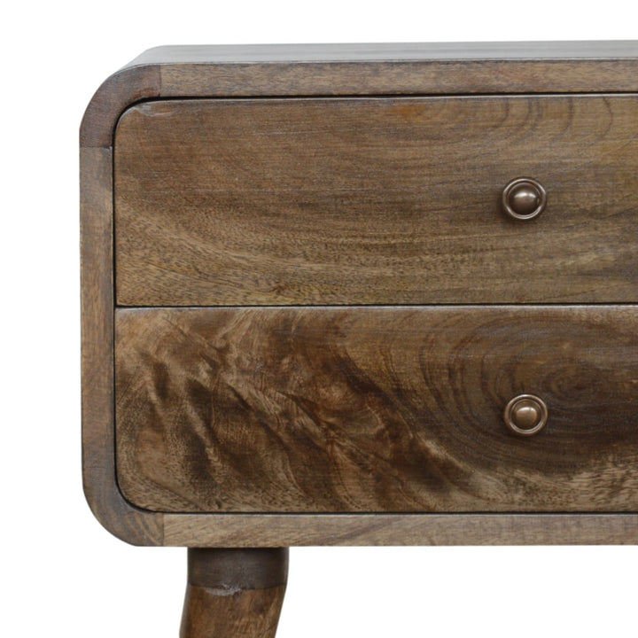 Curved Classic Grey Washed Nightstand - Solid Mango Wood Bedside Table for Bedroom - product view 4 showing handcrafted...