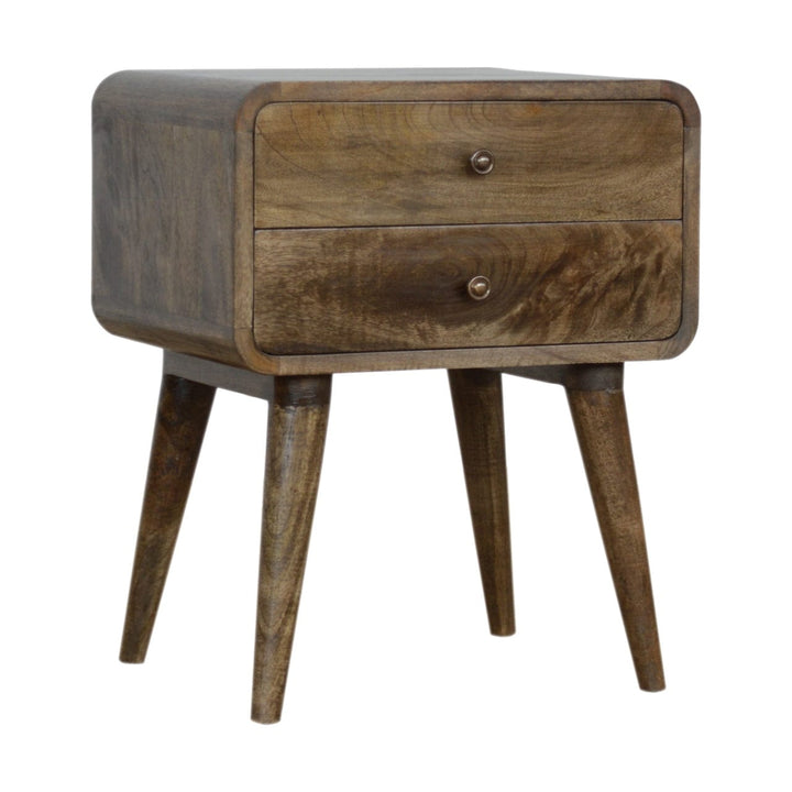 Curved Classic Grey Washed Nightstand - Solid Mango Wood Bedside Table for Bedroom - product view 3 showing handcrafted...