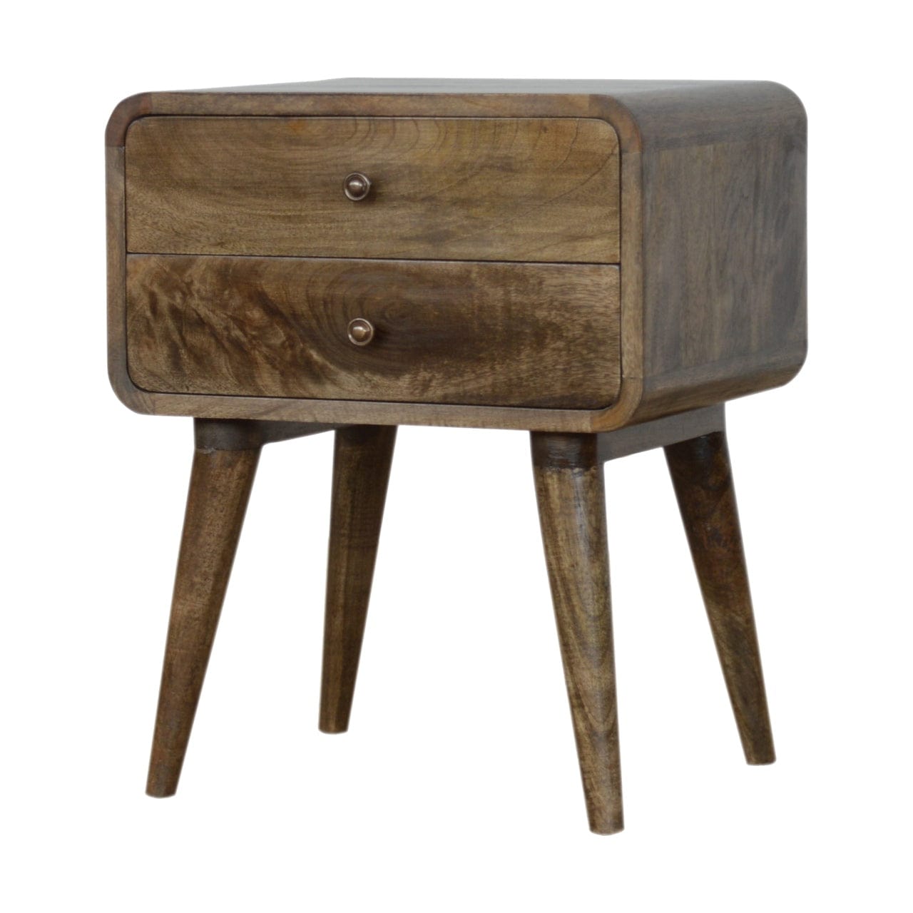 Curved Classic Grey Washed Nightstand - Solid Mango Wood Bedside Table for Bedroom - product view 2 showing handcrafted...
