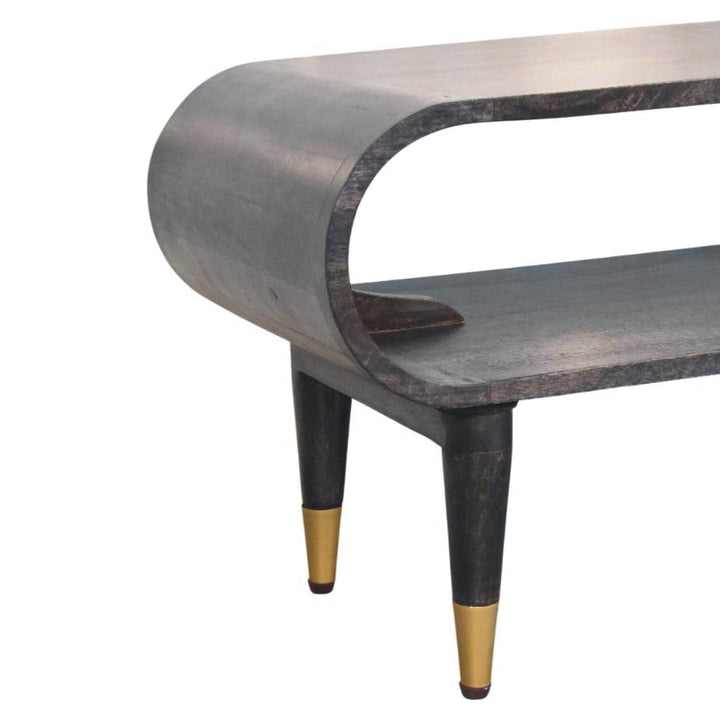 Curved Edge Media TV Stand with Brass Accents - Solid Mango Wood Entertainment Unit in Carbon Ash Finish - product view 6...