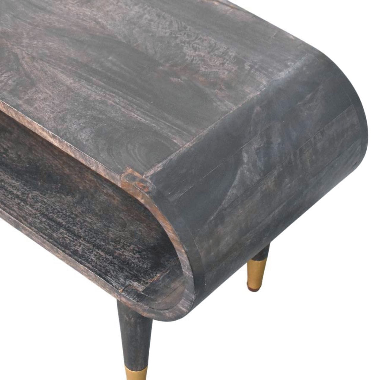 Curved Edge Media TV Stand with Brass Accents - Solid Mango Wood Entertainment Unit in Carbon Ash Finish - product view 5...
