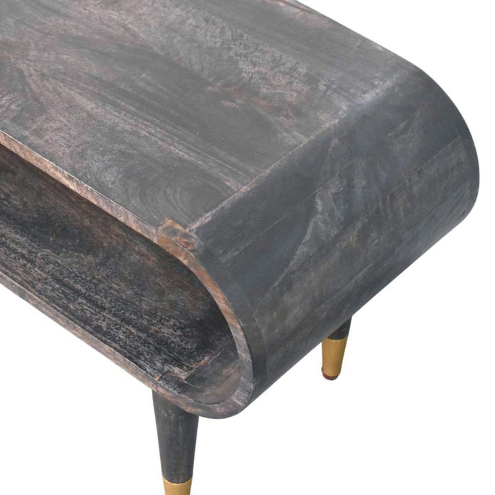 Curved Edge Media TV Stand with Brass Accents - Solid Mango Wood Entertainment Unit in Carbon Ash Finish - product view 5...