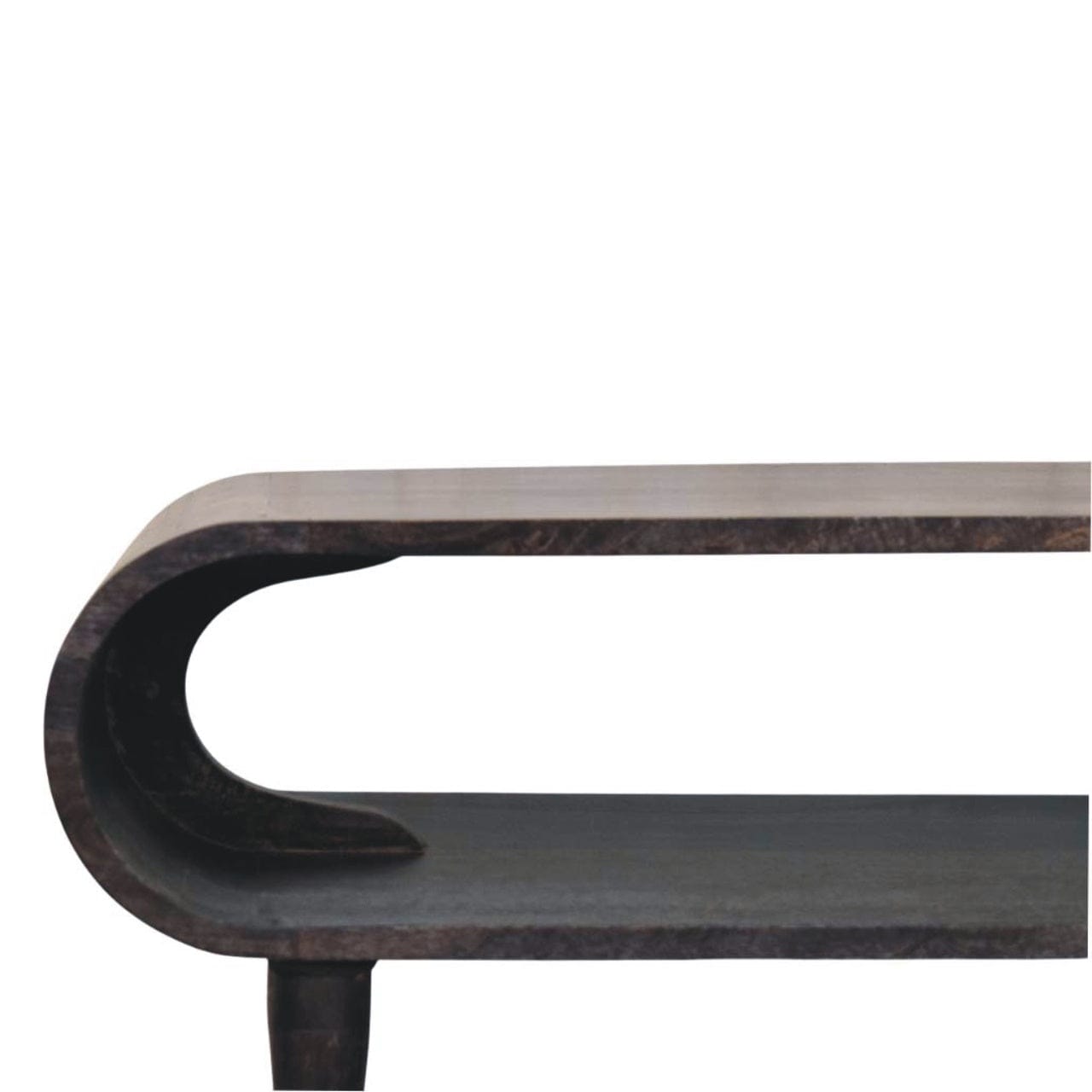 Curved Edge Media TV Stand with Brass Accents - Solid Mango Wood Entertainment Unit in Carbon Ash Finish - product view 4...