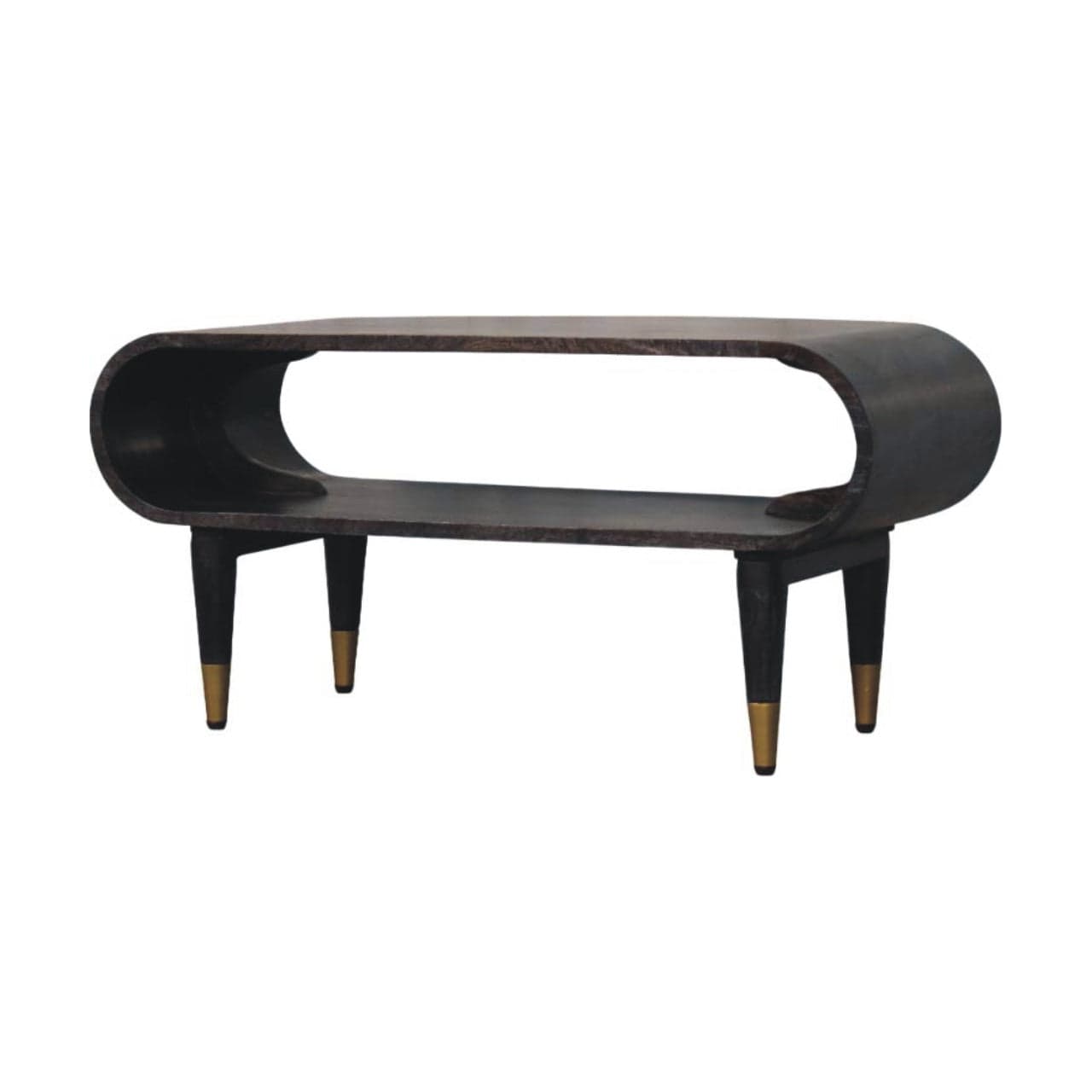 Curved Edge Media TV Stand with Brass Accents - Solid Mango Wood Entertainment Unit in Carbon Ash Finish - product view 3...