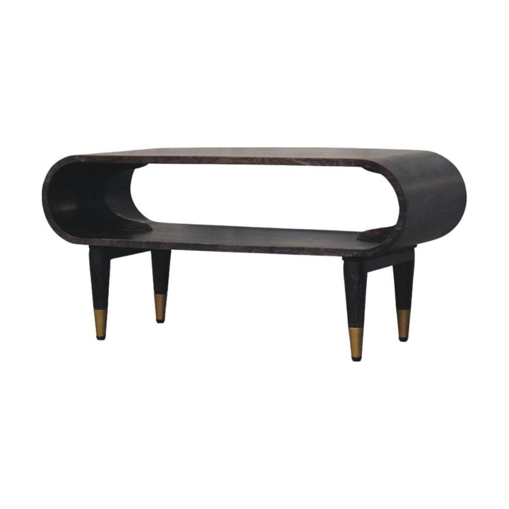 Curved Edge Media TV Stand with Brass Accents - Solid Mango Wood Entertainment Unit in Carbon Ash Finish - product view 3...
