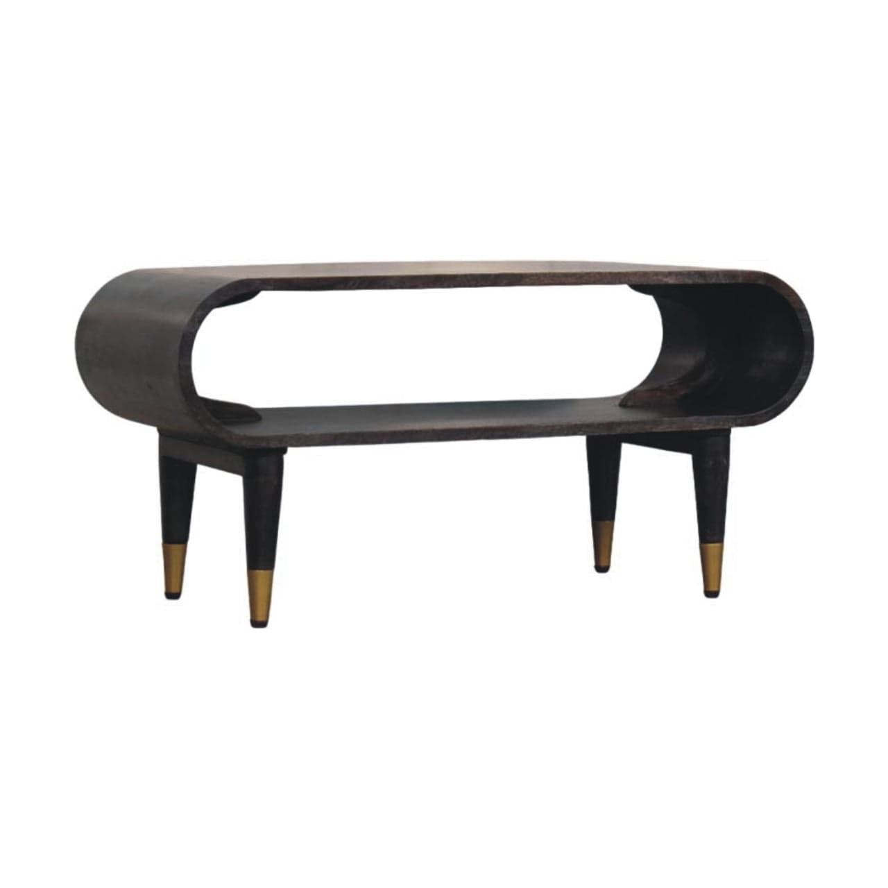 Curved Edge Media TV Stand with Brass Accents - Solid Mango Wood Entertainment Unit in Carbon Ash Finish - product view 2...