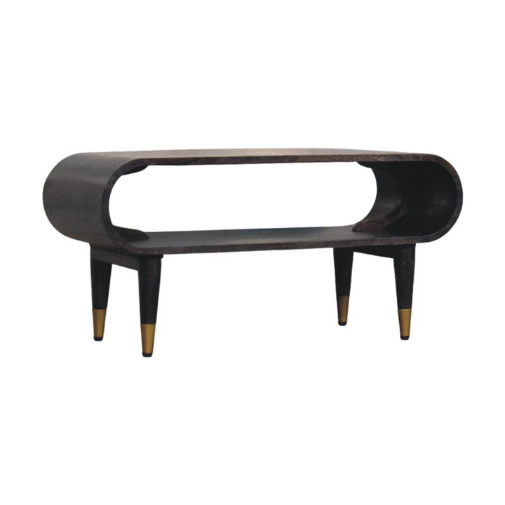 Curved Edge Media TV Stand with Brass Accents - Solid Mango Wood Entertainment Unit in Carbon Ash Finish - product view 2...