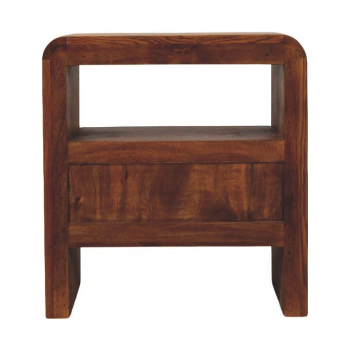 Curved Edge Nightstand - Solid Mango Wood Bedside Table for Bedroom - product view 9 showing handcrafted solid mango wood...