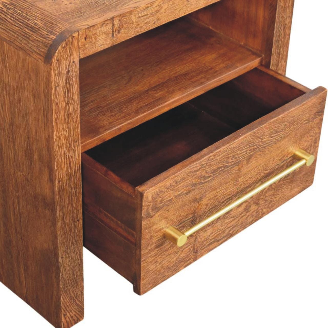 Curved Edge Nightstand - Solid Mango Wood Bedside Table for Bedroom - product view 6 showing handcrafted solid mango wood...