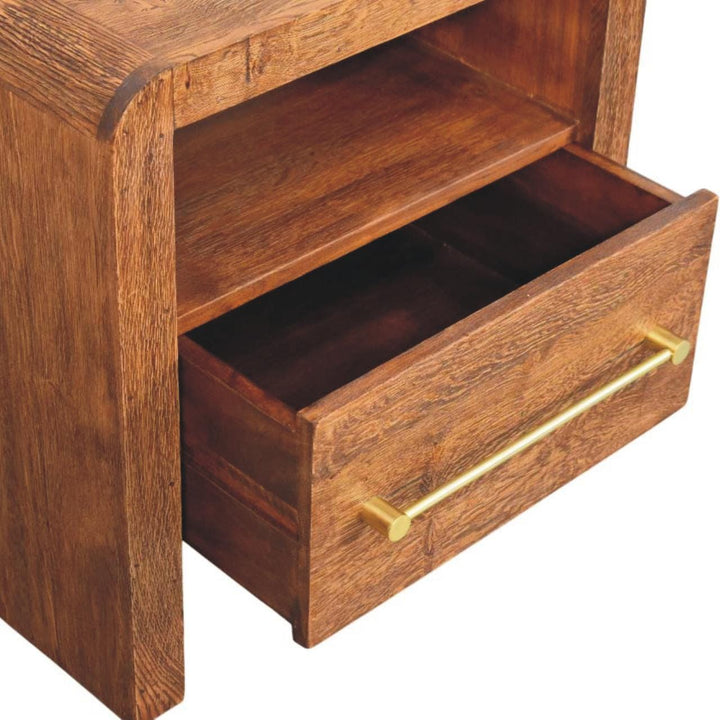 Curved Edge Nightstand - Solid Mango Wood Bedside Table for Bedroom - product view 6 showing handcrafted solid mango wood...