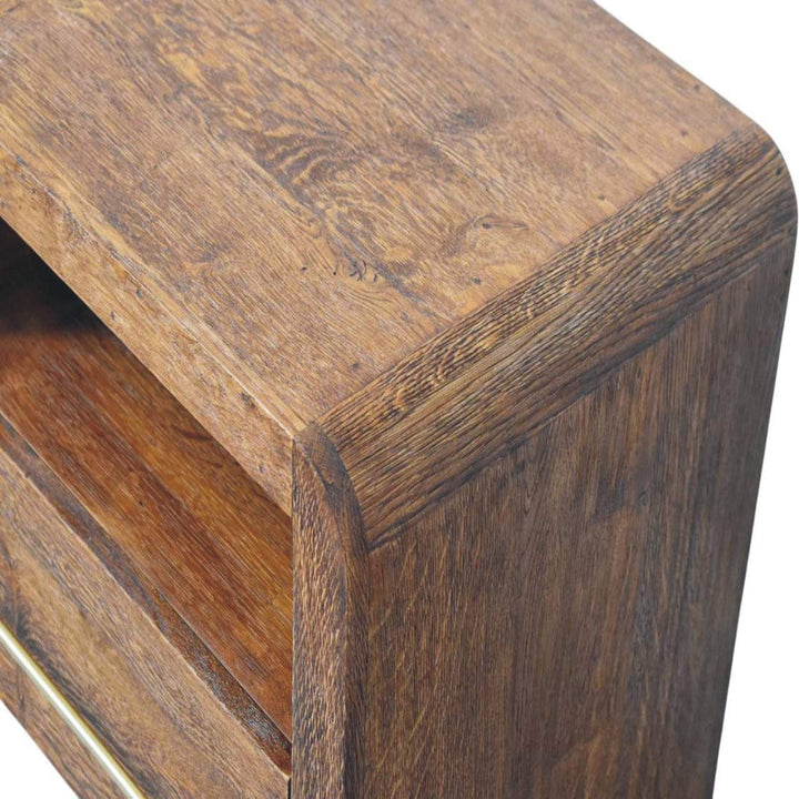 Curved Edge Nightstand - Solid Mango Wood Bedside Table for Bedroom - product view 5 showing handcrafted solid mango wood...