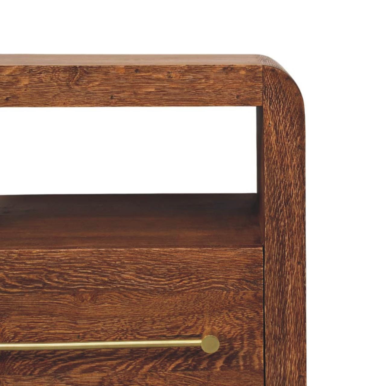 Curved Edge Nightstand - Solid Mango Wood Bedside Table for Bedroom - product view 4 showing handcrafted solid mango wood...