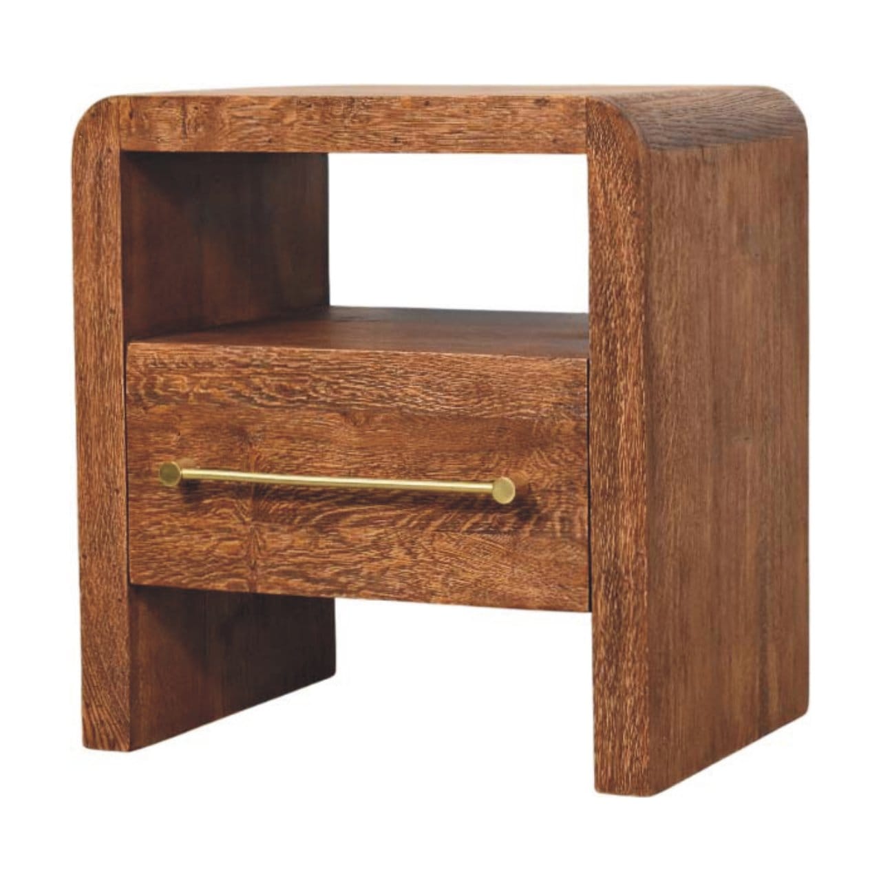Curved Edge Nightstand - Solid Mango Wood Bedside Table for Bedroom - product view 3 showing handcrafted solid mango wood...
