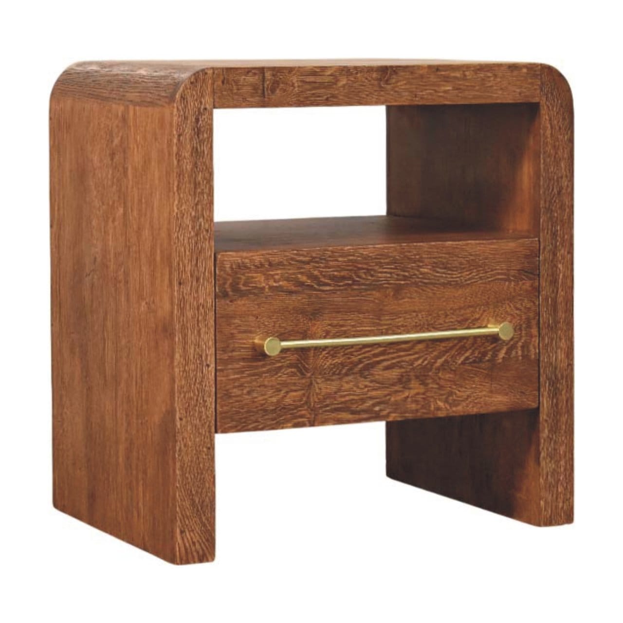 Curved Edge Nightstand - Solid Mango Wood Bedside Table for Bedroom - product view 2 showing handcrafted solid mango wood...