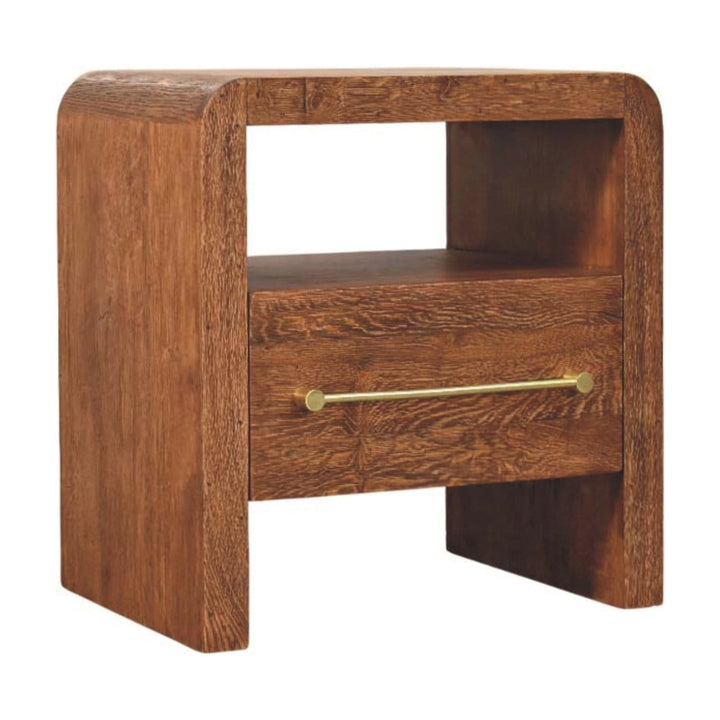 Curved Edge Nightstand - Solid Mango Wood Bedside Table for Bedroom - product view 2 showing handcrafted solid mango wood...