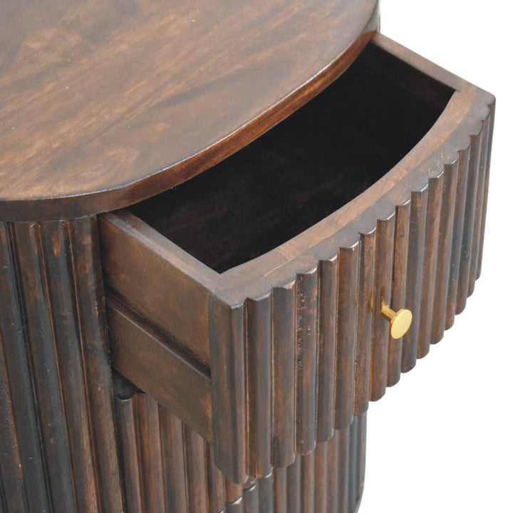 Curved Fluted 3-Drawer Nightstand - Solid Mango Wood Bedside Table for Bedroom - product view 6 showing handcrafted solid...