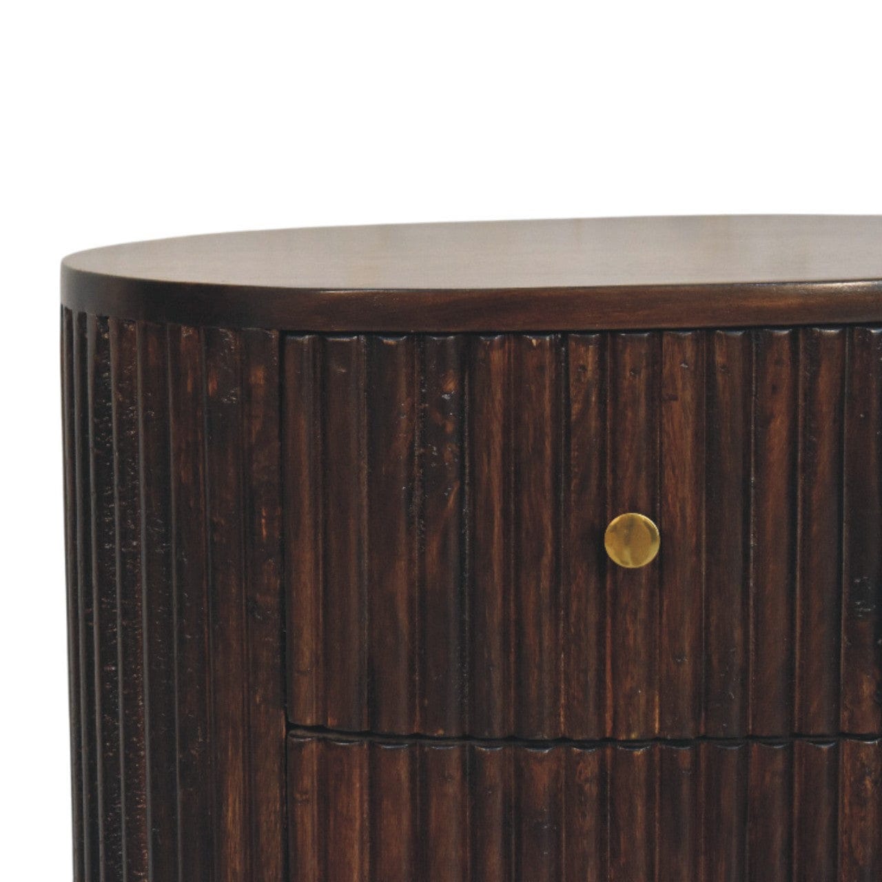 Curved Fluted 3-Drawer Nightstand - Solid Mango Wood Bedside Table for Bedroom - product view 4 showing handcrafted solid...