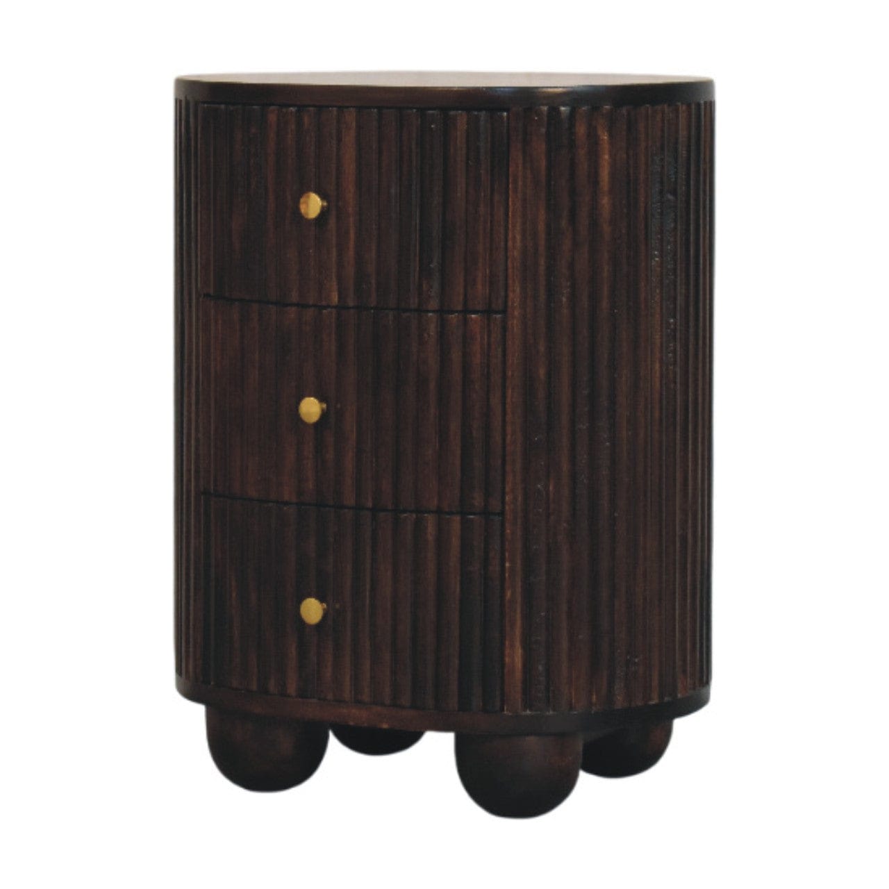 Curved Fluted 3-Drawer Nightstand - Solid Mango Wood Bedside Table for Bedroom - product view 3 showing handcrafted solid...