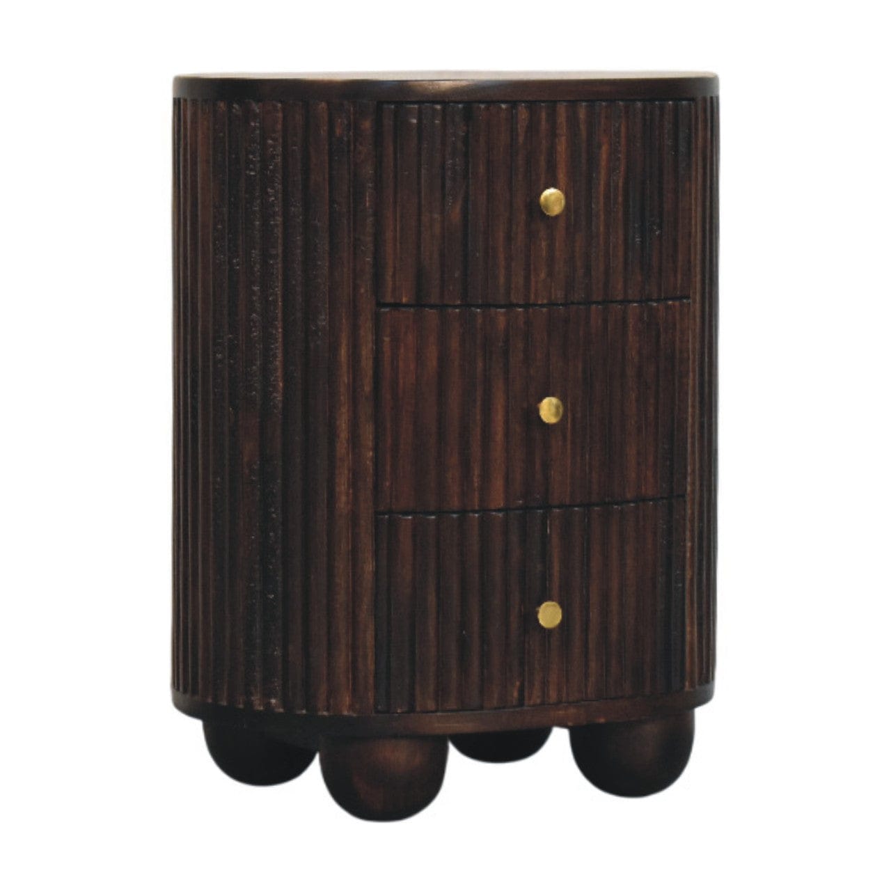 Curved Fluted 3-Drawer Nightstand - Solid Mango Wood Bedside Table for Bedroom - product view 2 showing handcrafted solid...