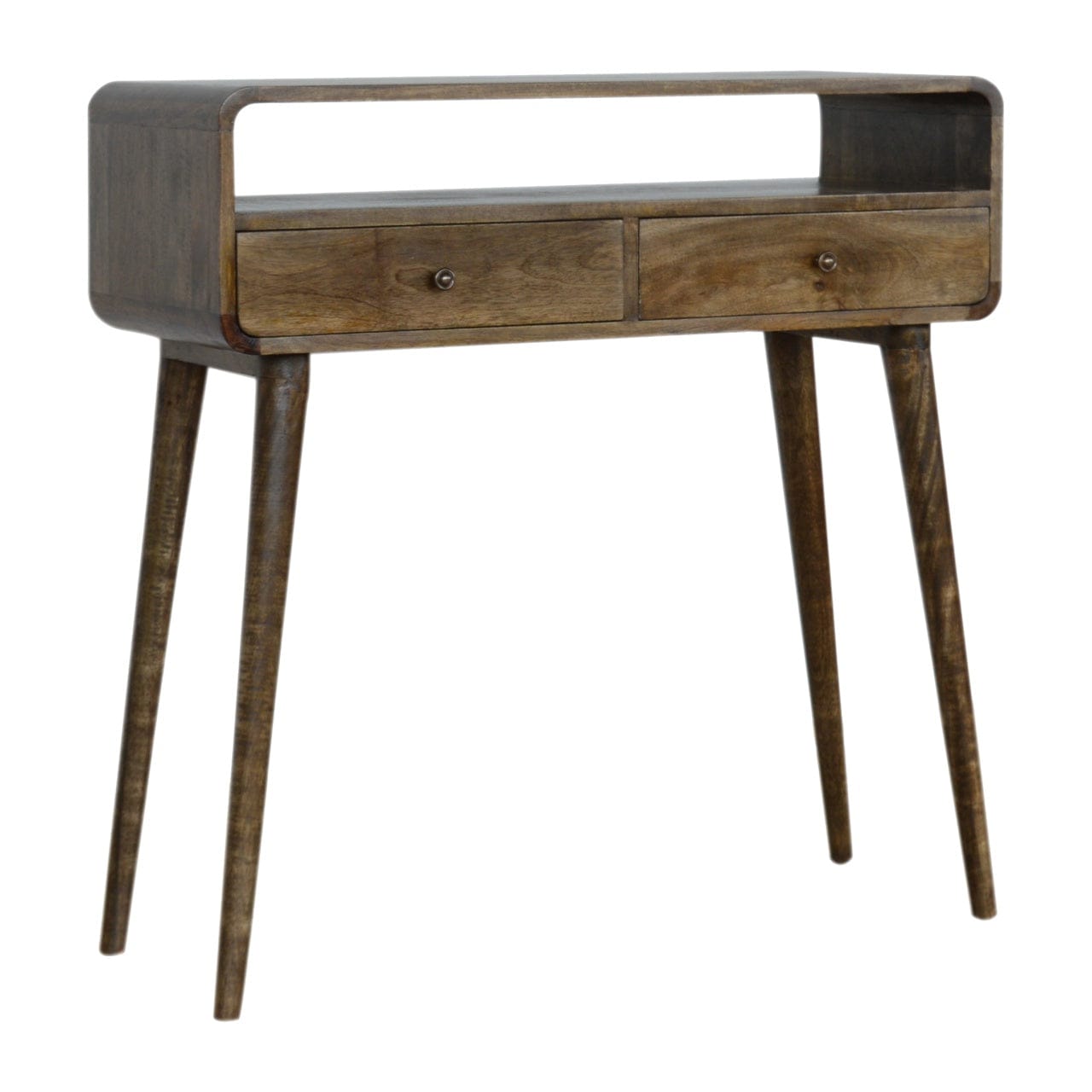 Curved Grey-wash Console Table - Solid Mango Wood Hallway Console for Entryway - product view 2 showing handcrafted solid...