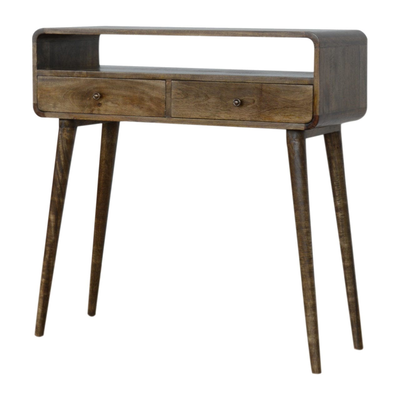 Curved Grey-wash Console Table - Solid Mango Wood Hallway Console for Entryway - product view 3 showing handcrafted solid...