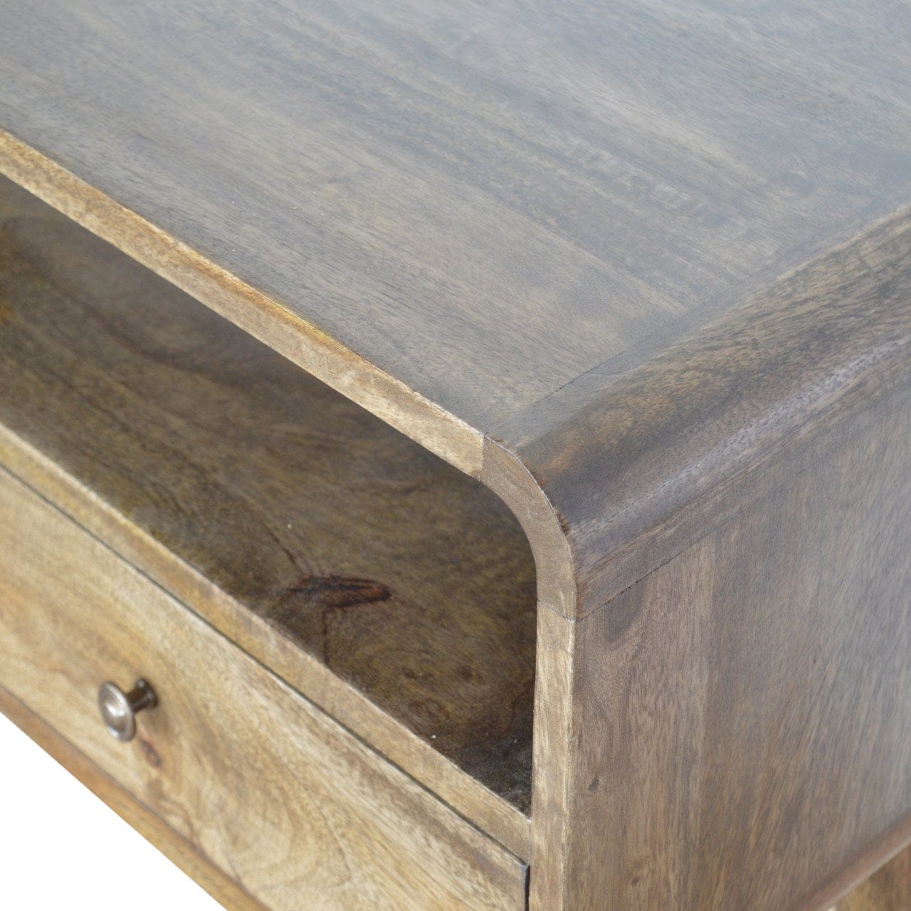 Curved Grey-wash Console Table - Solid Mango Wood Hallway Console for Entryway - product view 7 showing handcrafted solid...