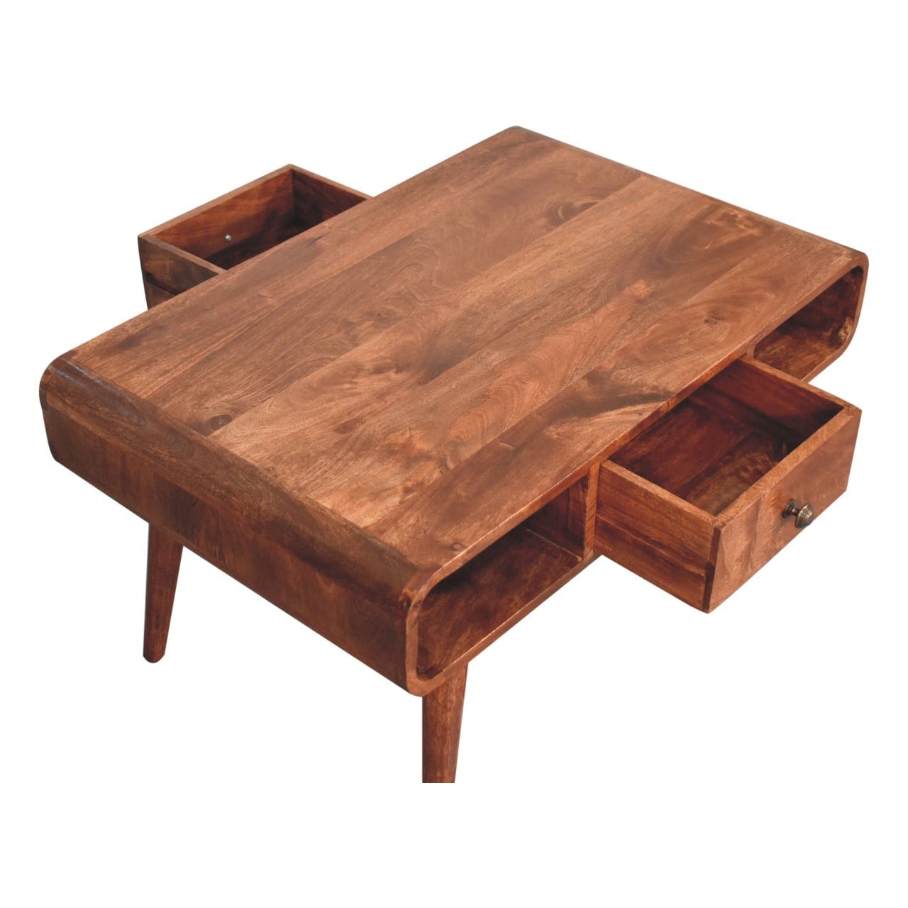 Curved Honey Caramel Coffee Table - Solid Mango Wood Center Table for Living Room - product view 5 showing handcrafted...