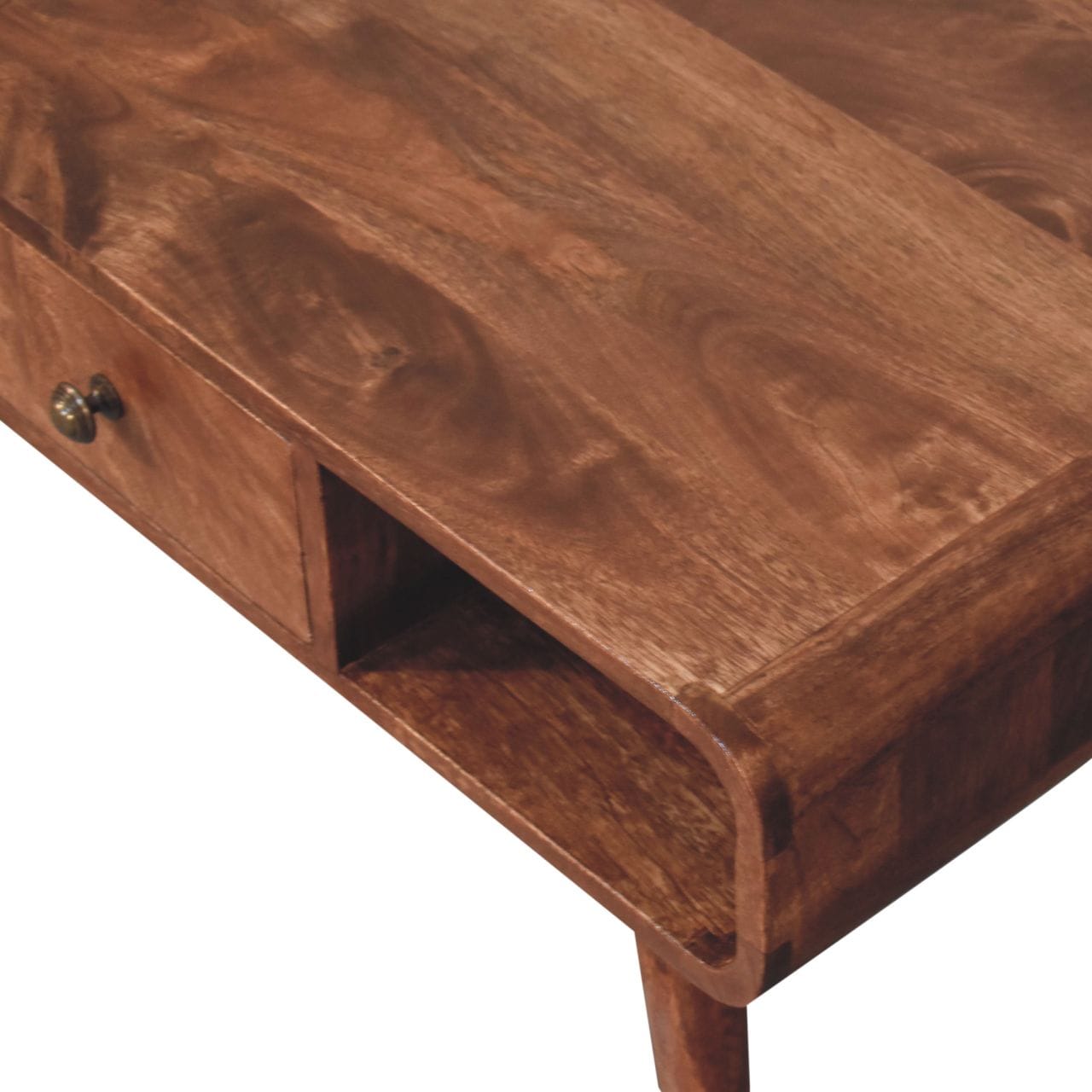 Curved Honey Caramel Coffee Table - Solid Mango Wood Center Table for Living Room - product view 4 showing handcrafted...