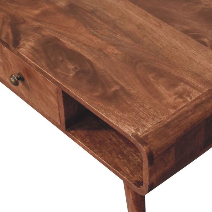 Curved Honey Caramel Coffee Table - Solid Mango Wood Center Table for Living Room - product view 4 showing handcrafted...