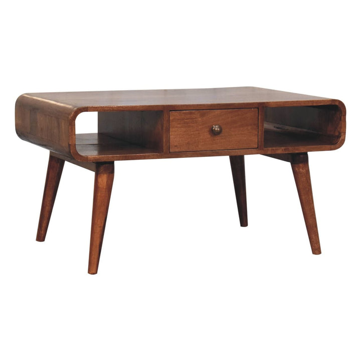Curved Honey Caramel Coffee Table - Solid Mango Wood Center Table for Living Room - product view 3 showing handcrafted...