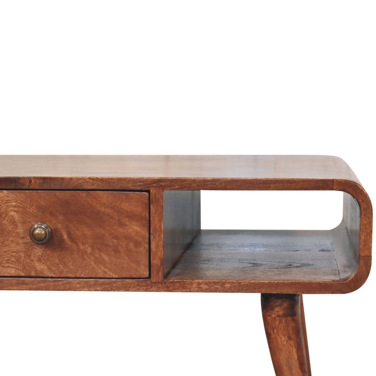 Curved Honey Caramel Coffee Table - Solid Mango Wood Center Table for Living Room - product view 2 showing handcrafted...